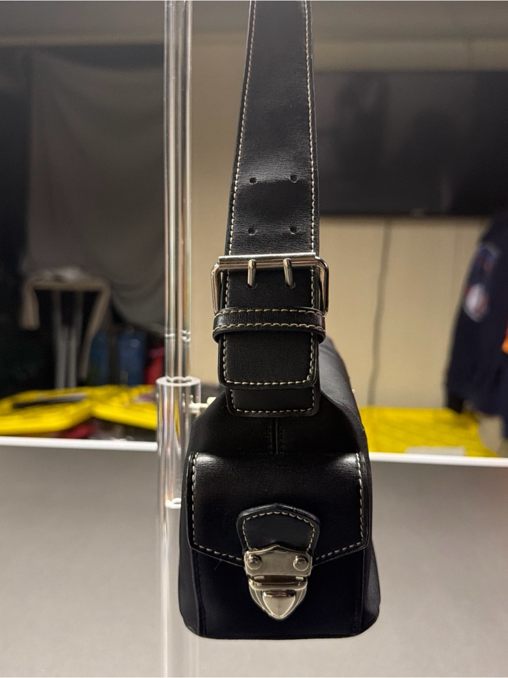 Prada Black Shoulder Bag Logo Accent Zip Closure Silver Hardware Side Pockets - Picture 6 of 8